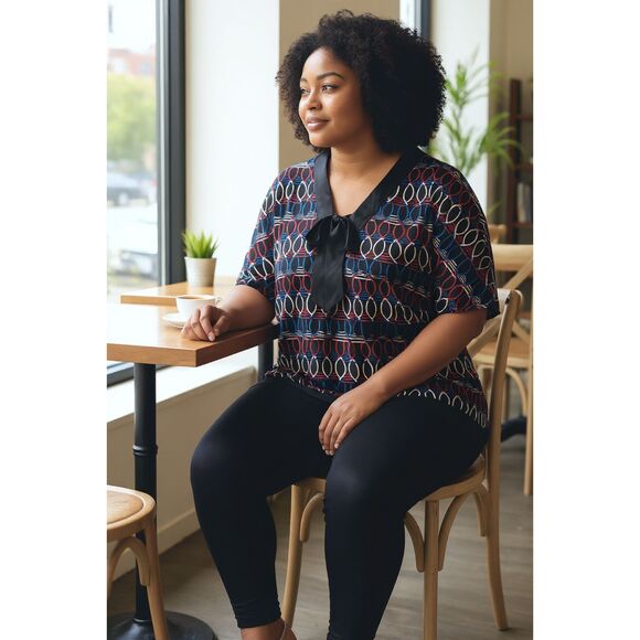 Bisou Bisou Red Blue Black Stretch V Neck Short Sleeve Satin Trim Tie Tunic XL - Picture 1 of 8